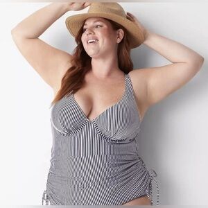 Cacique Swim Suit 42DDD Top sz 24 Bottom Navy White Seersucker Tankini Plunge